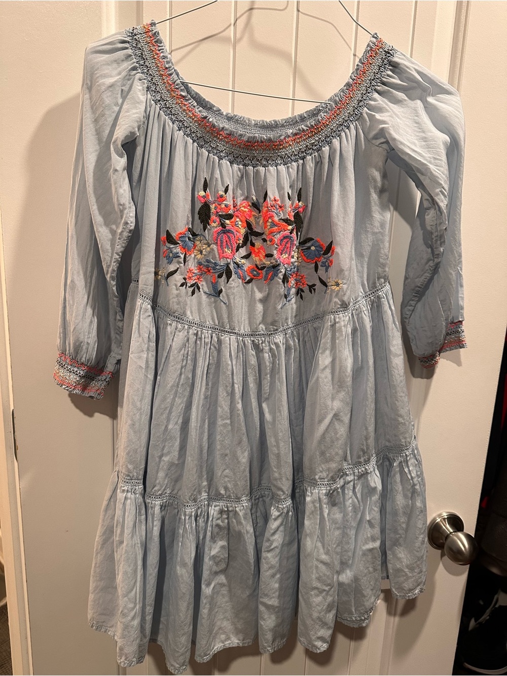 Free People Light Blue Embroidered Tiered Off-Shoulder Dress